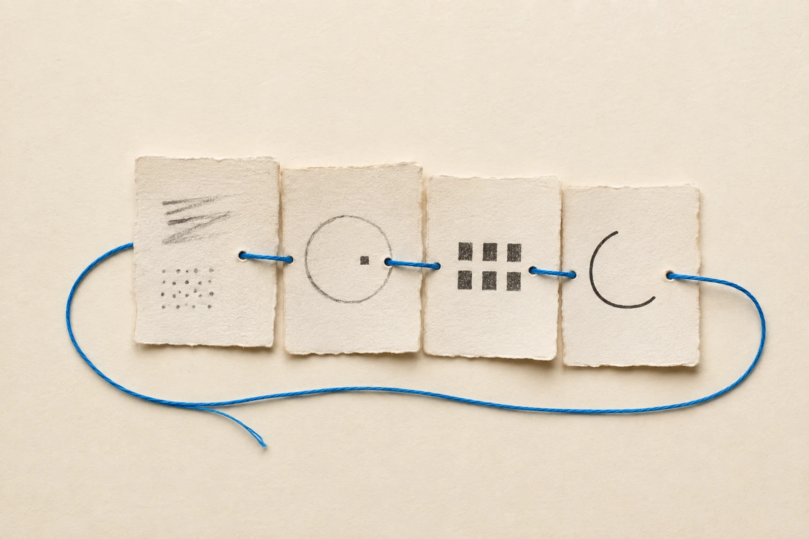 Four paper records joined by a blue thread that loops back to the first, illustrating evidence, a decision, delivery and learning.