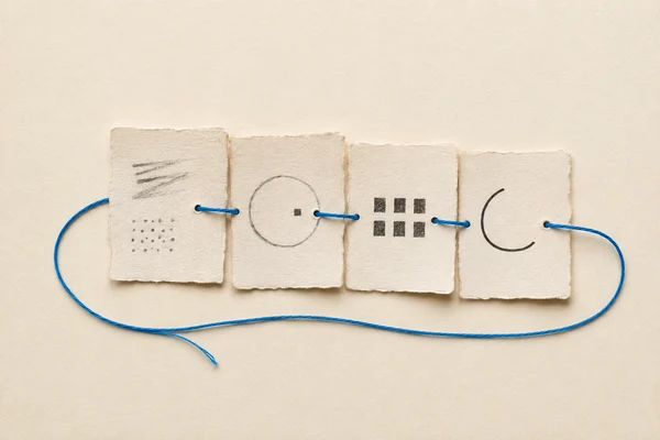 Four paper records joined by a blue thread that loops back to the first, illustrating evidence, a decision, delivery and learning.