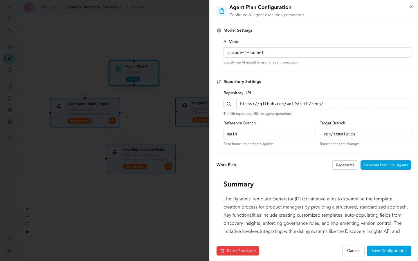 Agent workflow graph showing product context moving through a governed execution plan.