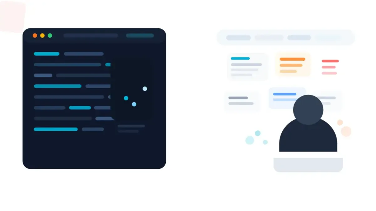 Split composition showing a fast AI coding environment on one side and an overwhelmed product manager juggling fragmented context on the other.