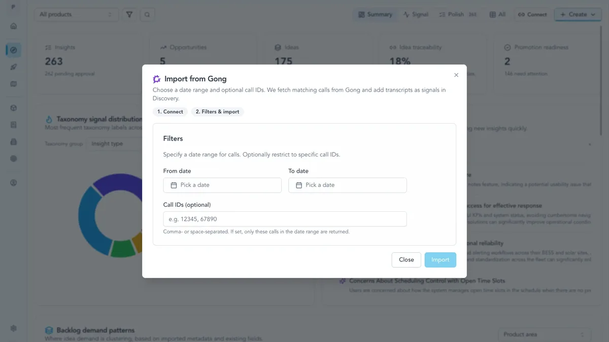 Discovery UI tracing ideas back to Gong and other signal sources in the workspace graph.