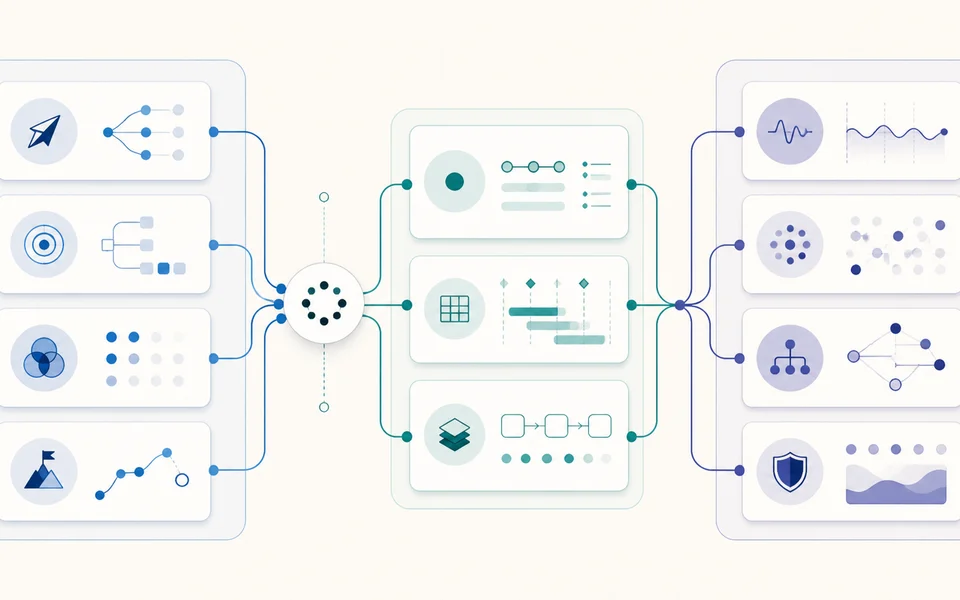 A connected systems map showing product reasoning, delivery records, and runtime evidence meeting at a single agent task.