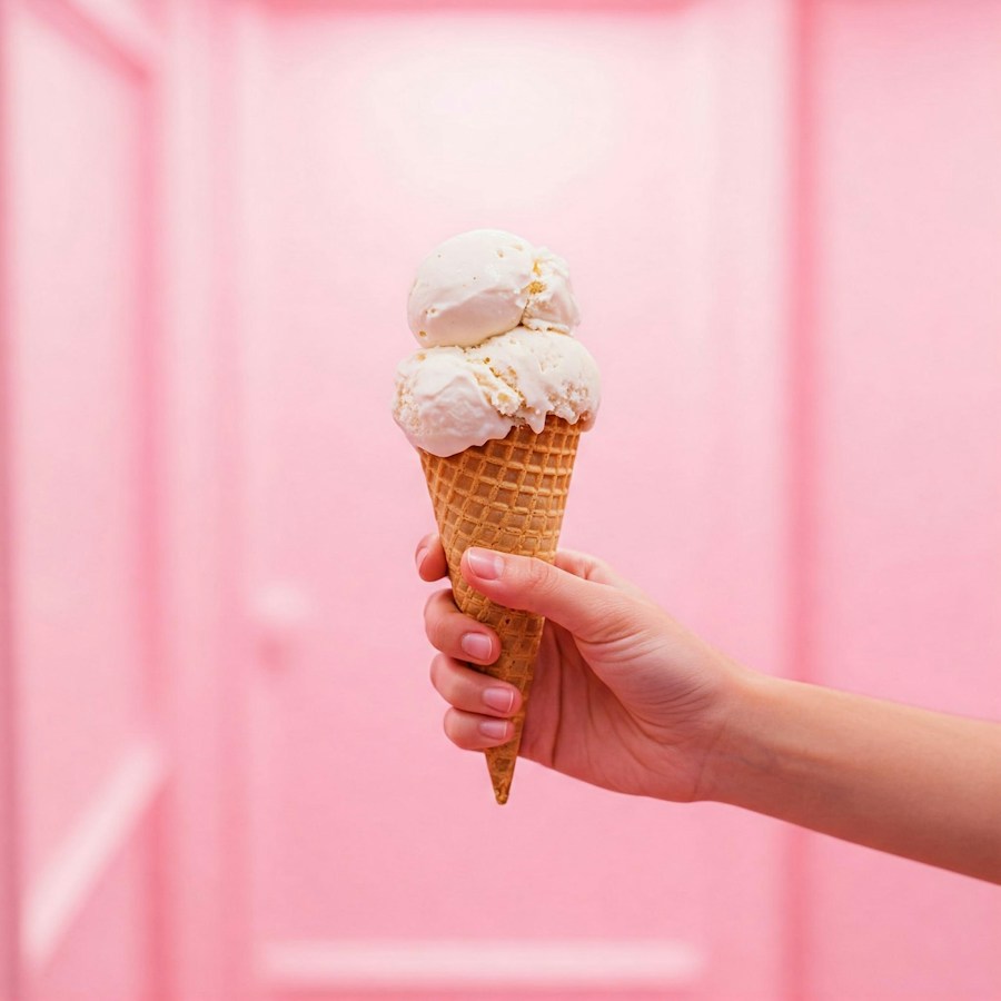 An ice cream cone held against a pink background
