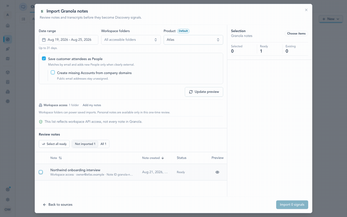 Conversation import demonstration showing a Granola note selected, processed with People outcomes, and connected to the People directory.