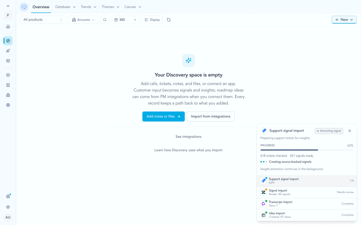 A Discovery import runs in the background while Zentrik prepares signals, links created insights, and keeps the import receipt available.