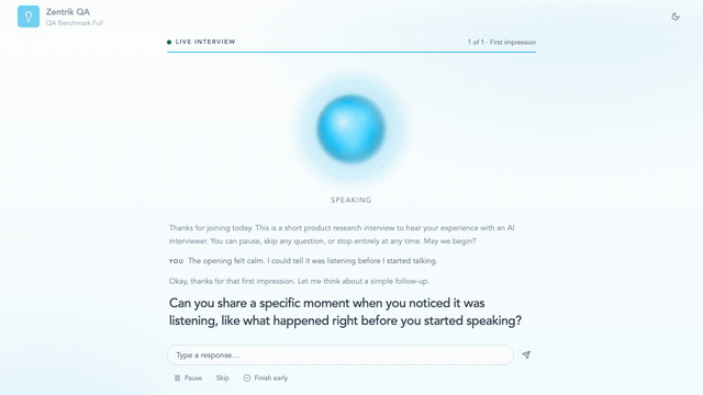 AI interview room with the interviewer presence above the current question, the earlier conversation behind it, and pause, skip, and finish controls under the answer field.