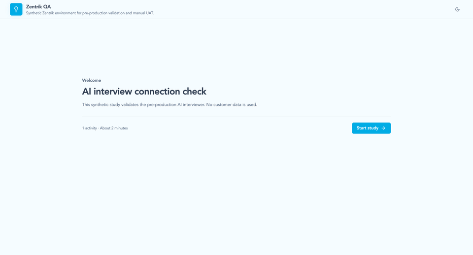 Participant flow for an AI-guided interview: choose voice or typing, answer one question at a time, finish early when needed, and review the transcript before submitting.