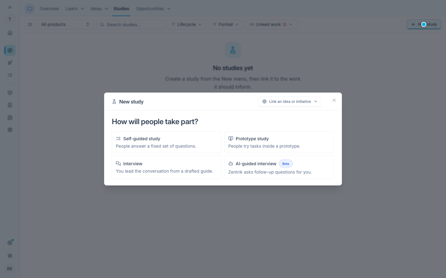 Open New study to choose a self-guided study, prototype study, interview, or AI-guided interview.