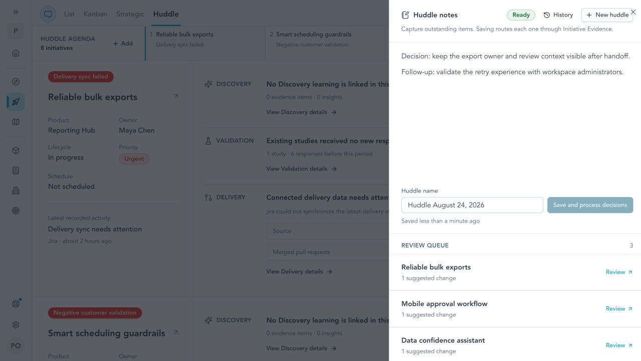 Huddle notes sheet with a meeting editor, Huddle name, processing action, history, and initiative review queue.
