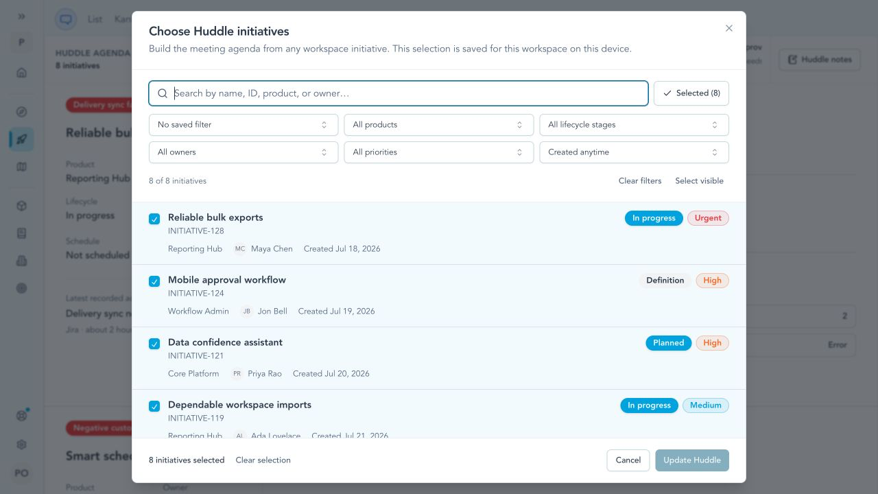 Huddle initiative selector with search, saved filters, product, lifecycle, owner, priority, and creation-date filters.