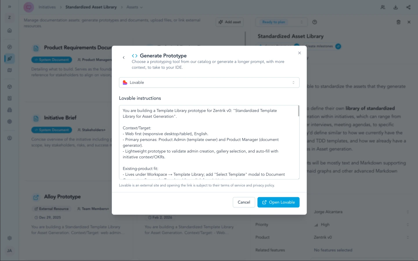 Generate prototype modal while Zentrik prepares instructions for Vercel v0.