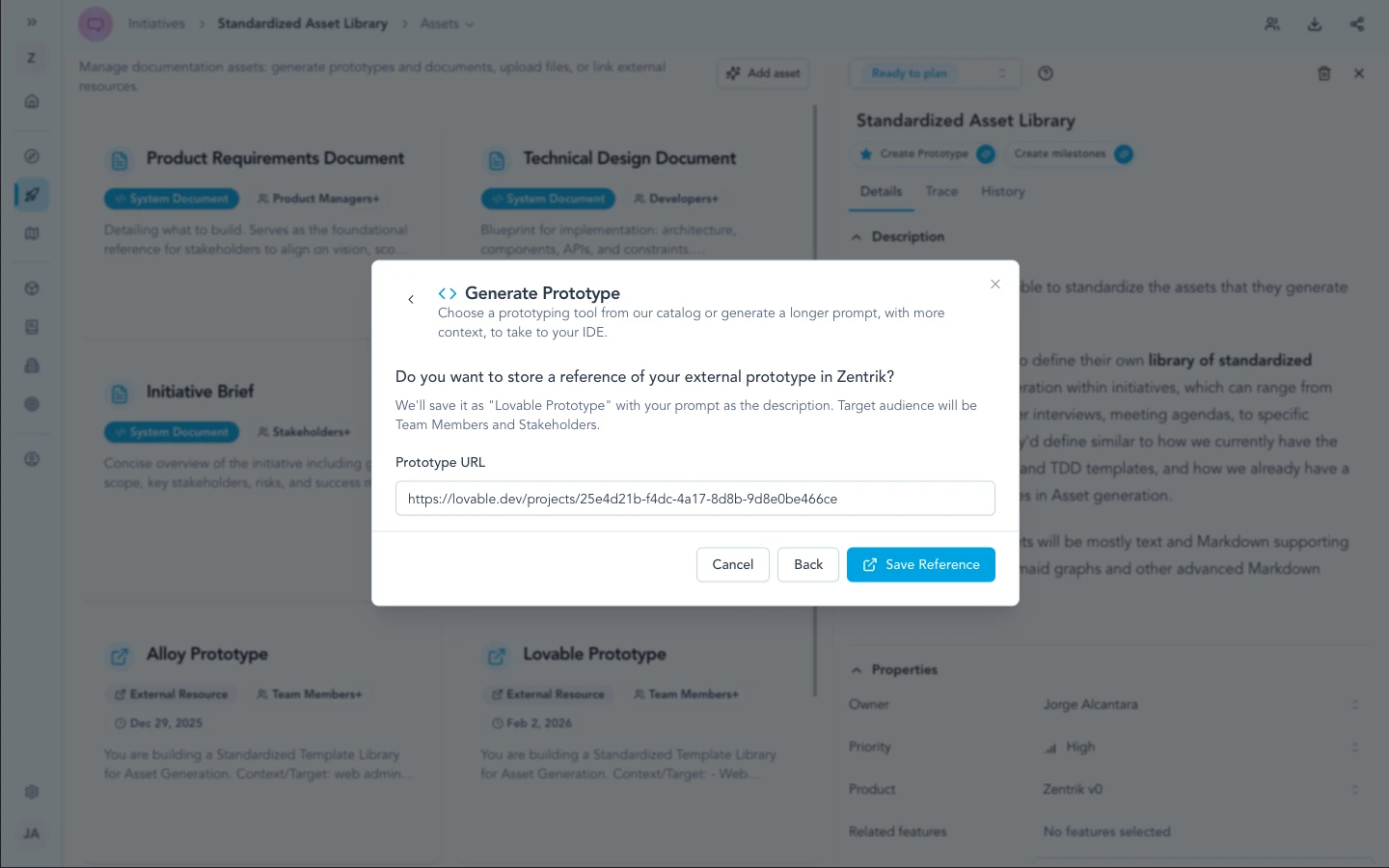Saving an external prototype URL back into the initiative asset library.
