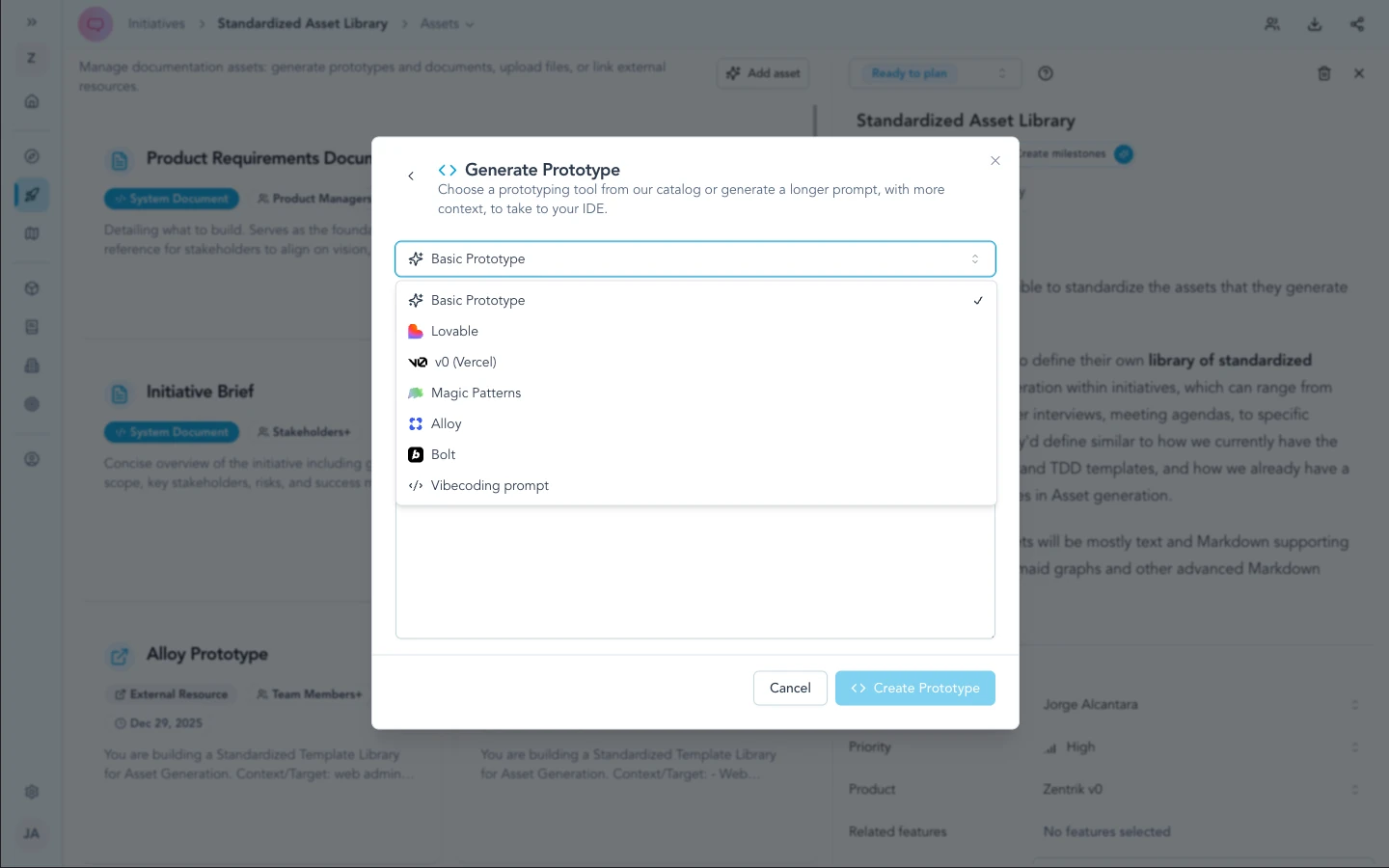Generate Prototype modal with v0 (Vercel) in the tool catalog.