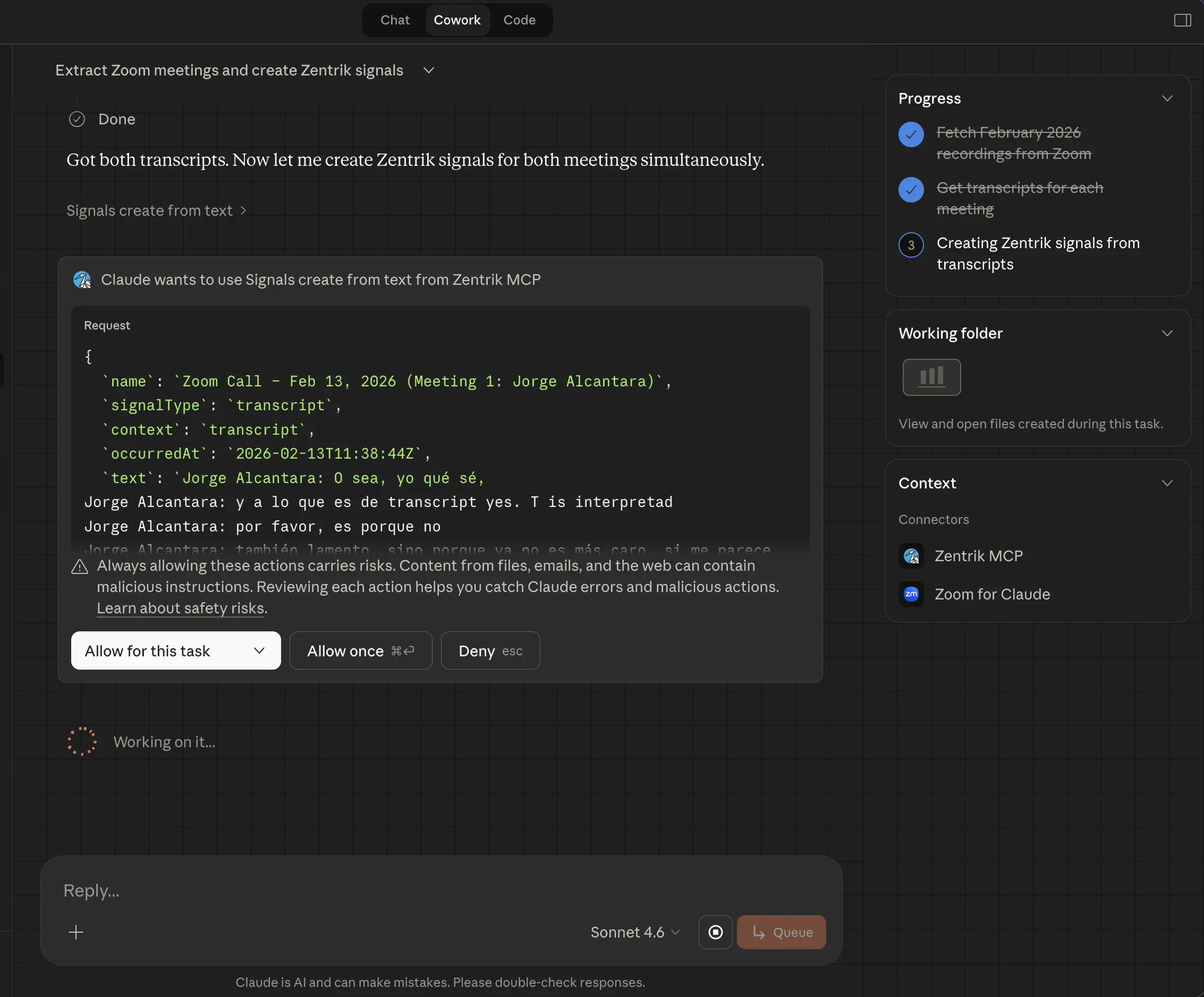Claude asking for approval before calling the Zentrik MCP signal creation tool.