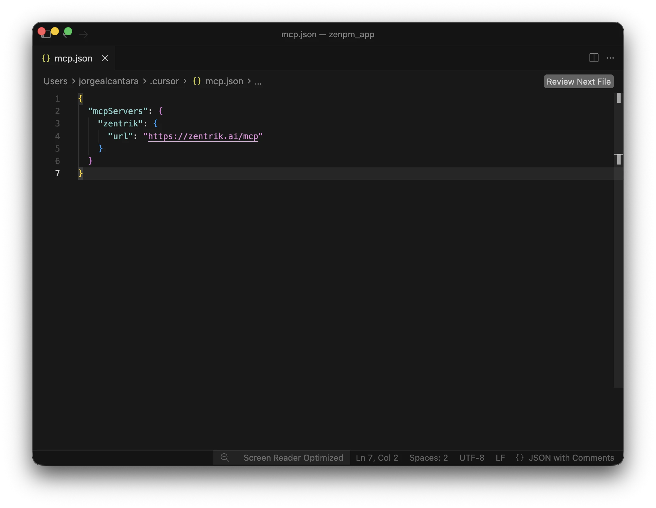 Cursor mcp.json file with the Zentrik remote MCP server configured.