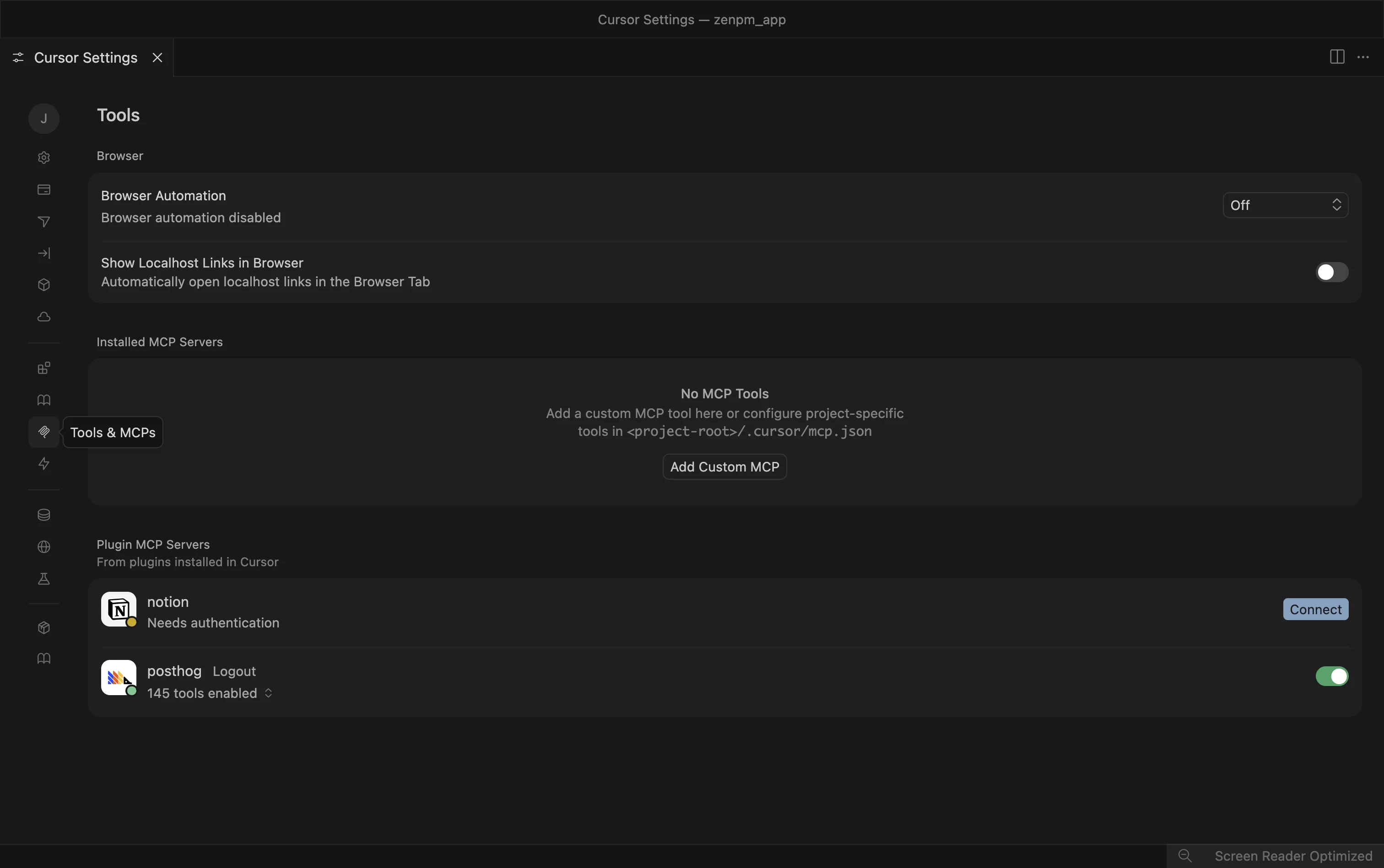 Cursor MCP settings showing the empty Installed MCP Servers state before setup.