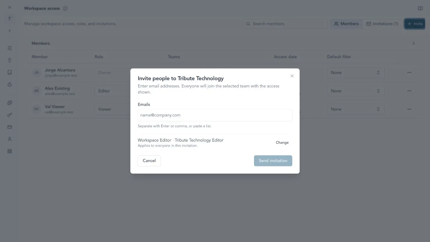 Workspace access invitation dialog with batch email entry and a compact summary of the workspace and default team access.