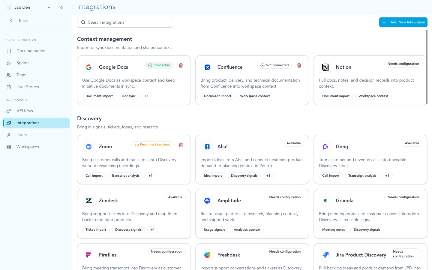 Zentrik Settings integrations list including API-key connections.