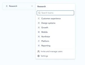 Open team selector with team search, available teams, Invite and manage users, and Settings shortcuts.