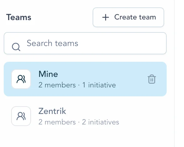 Teams settings rail with Create team, team search, member and initiative counts, and a selected team.