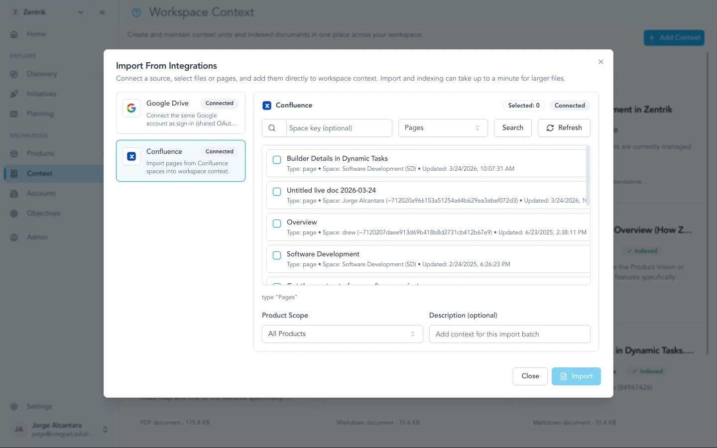 Confluence page picker for importing pages into workspace context.
