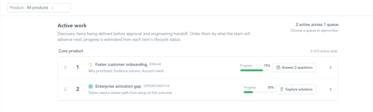 Active work in Discovery showing two ordered product items with progress and next actions.