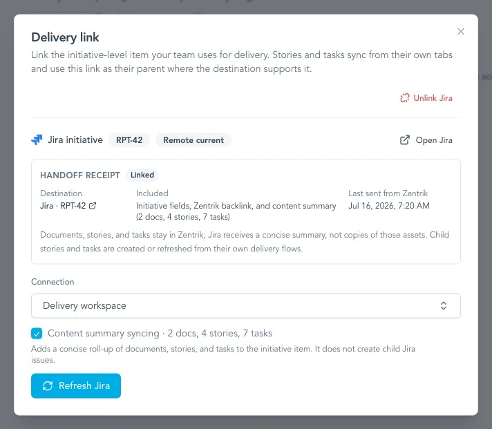 A linked Jira initiative with a handoff receipt showing destination, included fields, and last send time.