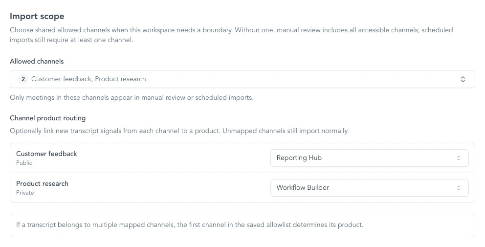Fireflies settings showing a managed workspace channel boundary and product routing.