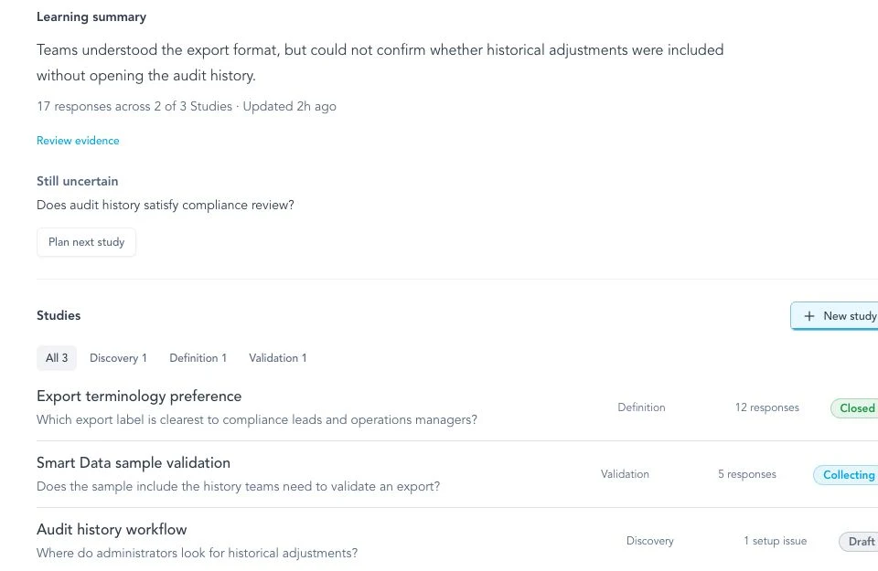 Study learning summary showing response coverage, an unresolved question, and three Studies at different lifecycle stages.