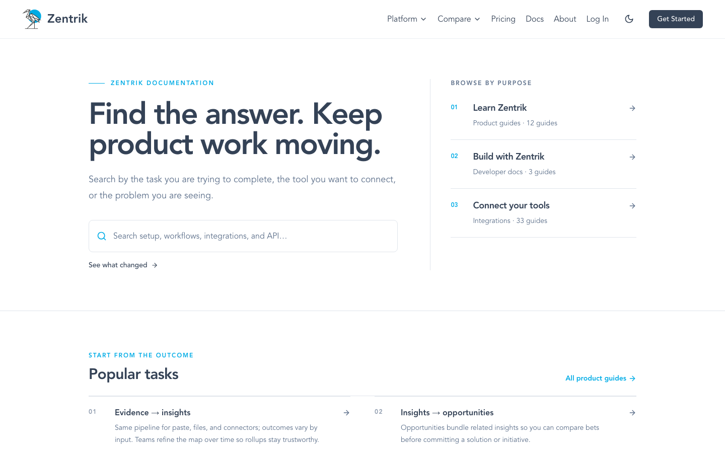 The Zentrik Help Center with task search and sections for product guidance, connected tools, and developer documentation.
