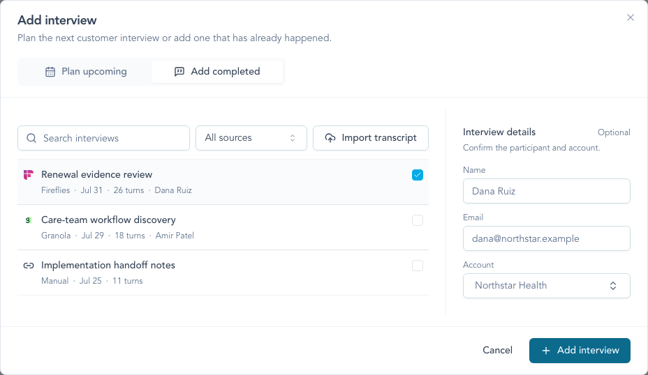 The Add interview dialog showing transcript Signals from multiple sources with editable participant and Account details.