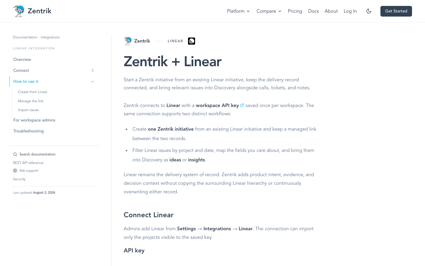 Linear integration guide showing how to create a Zentrik initiative from an existing Linear initiative