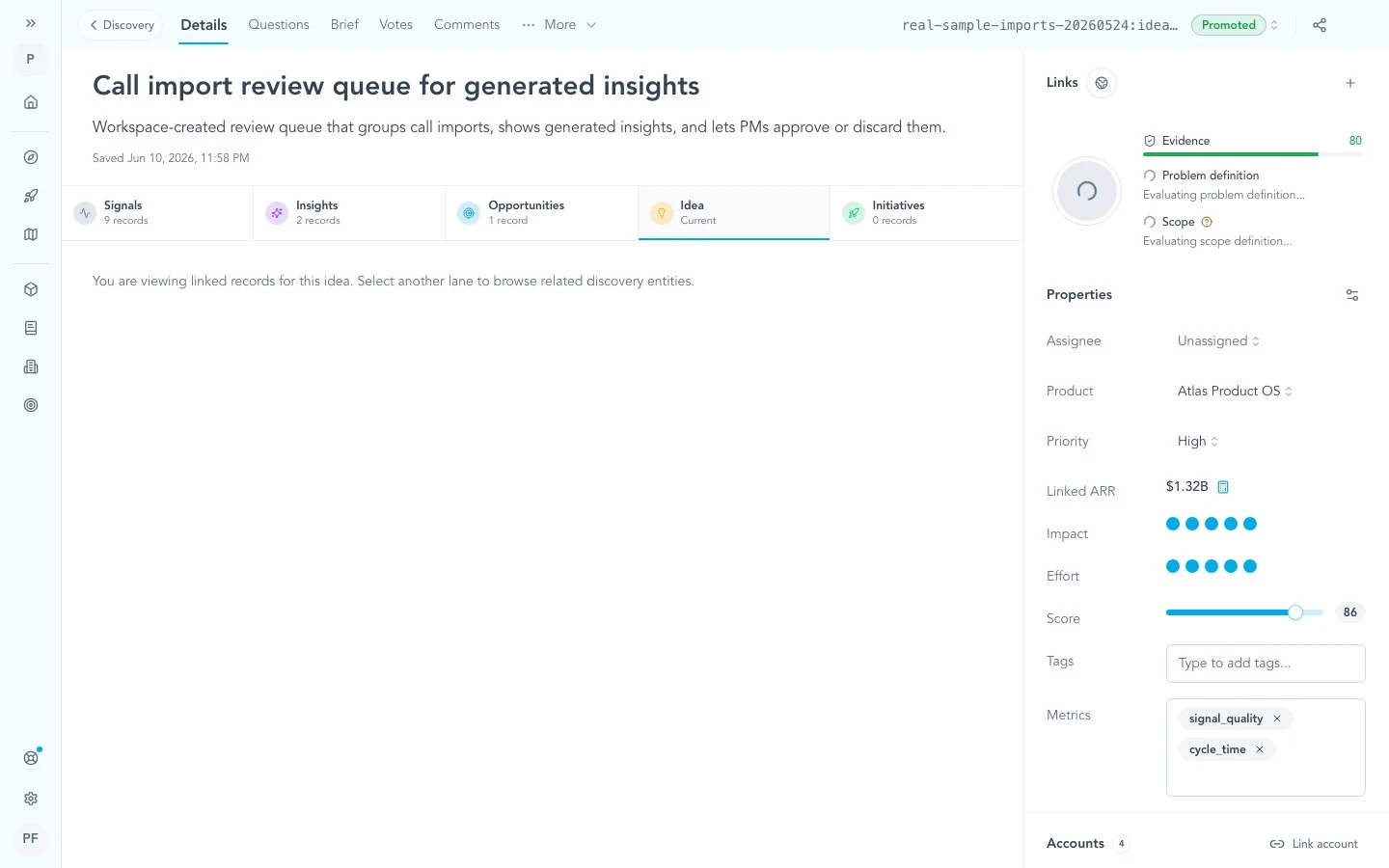Idea record page with lanes for signals, insights, opportunities, and initiatives, and a links panel with evidence scores