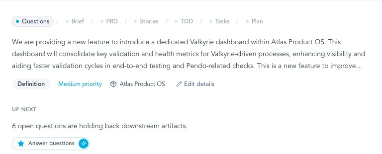 Initiative overview with lifecycle strip and an 'Up next' action naming the open questions to answer