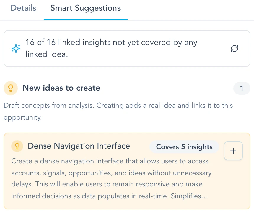 Opportunity Smart Suggestions showing uncovered linked insights and a draft idea that covers five insights.