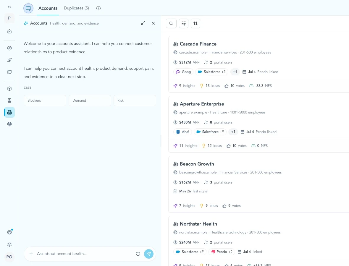 Account list with the workspace assistant open beside account health, demand, and evidence cards.
