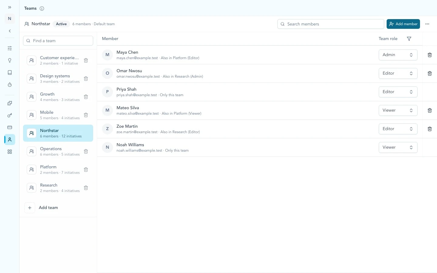 Teams settings showing the team rail, selected team context, member search, team roles, and other team memberships.